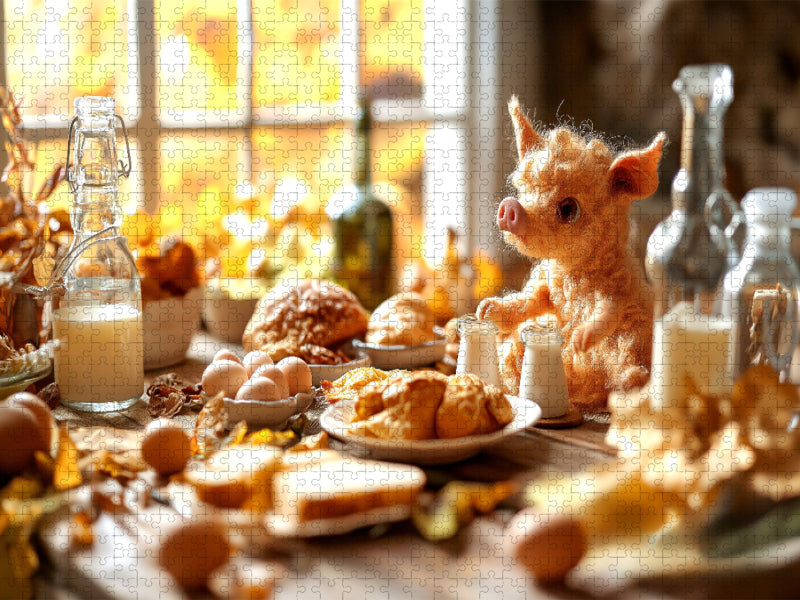 Eierlegende Wollmilchsau beim Frühstück – Kuscheliges Schweinchen und Fabelwesen für Kinder - CALVENDO Foto-Puzzle'