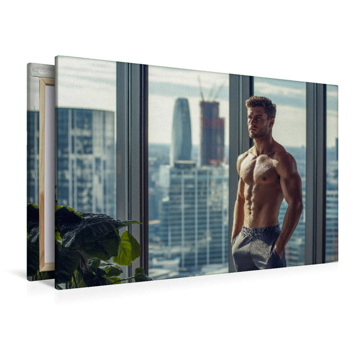 Premium Textil-Leinwand Erfolgreicher, sportlicher Geschäftsmann – Junger Mann mit Sixpack im Penthouse