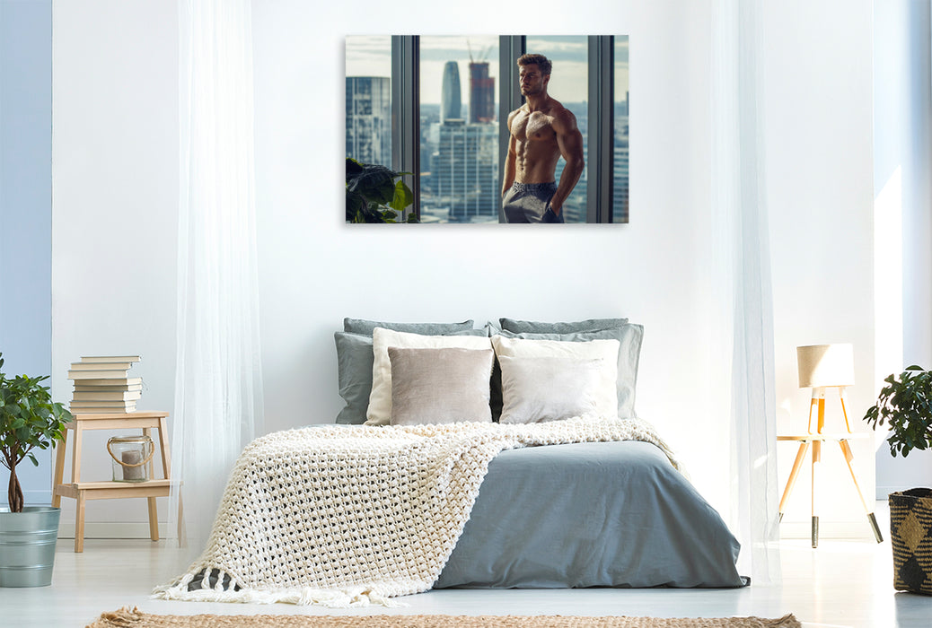 Premium Textil-Leinwand Erfolgreicher, sportlicher Geschäftsmann – Junger Mann mit Sixpack im Penthouse