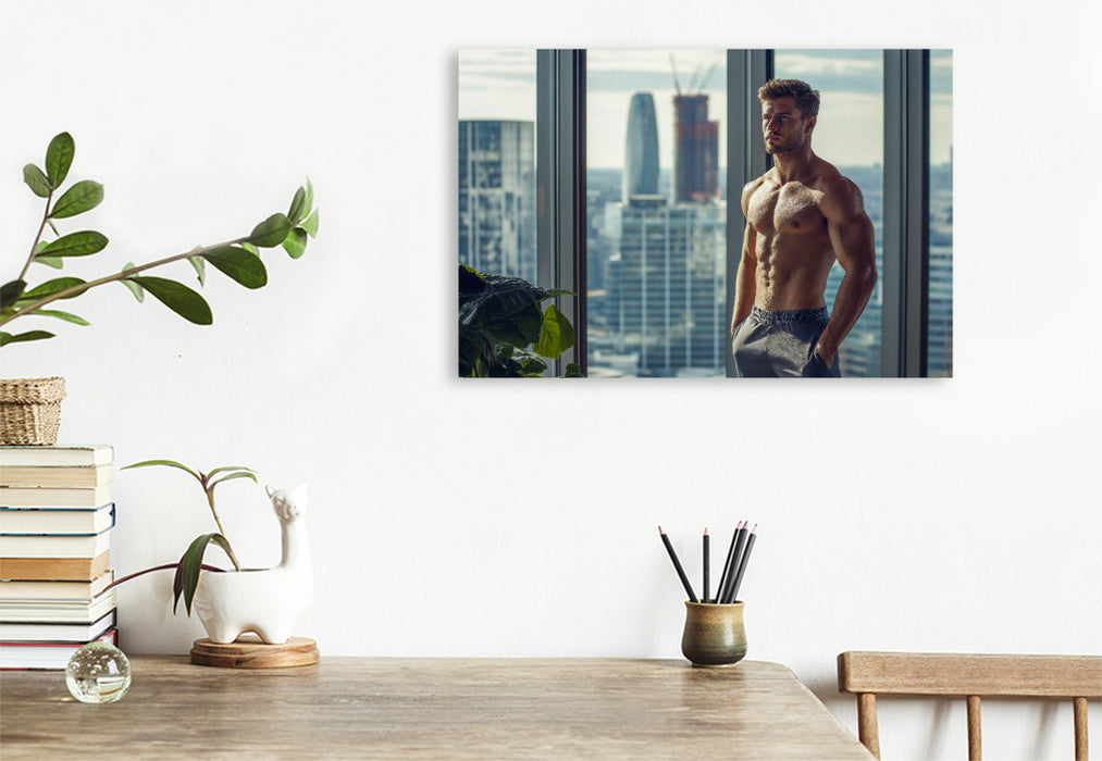 Premium Textil-Leinwand Erfolgreicher, sportlicher Geschäftsmann – Junger Mann mit Sixpack im Penthouse