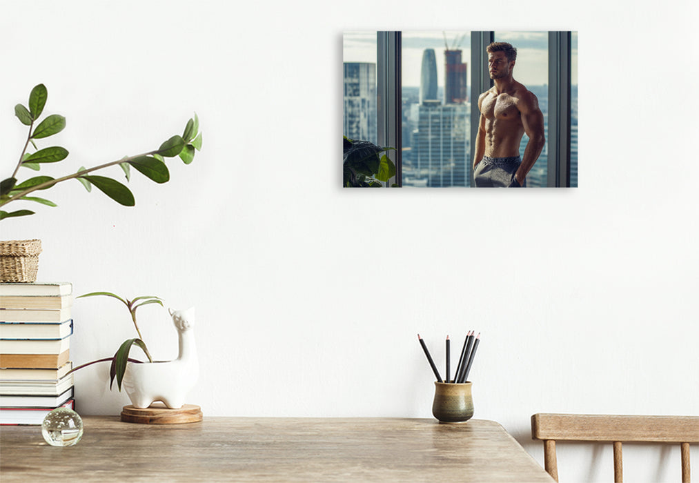Premium Textil-Leinwand Erfolgreicher, sportlicher Geschäftsmann – Junger Mann mit Sixpack im Penthouse