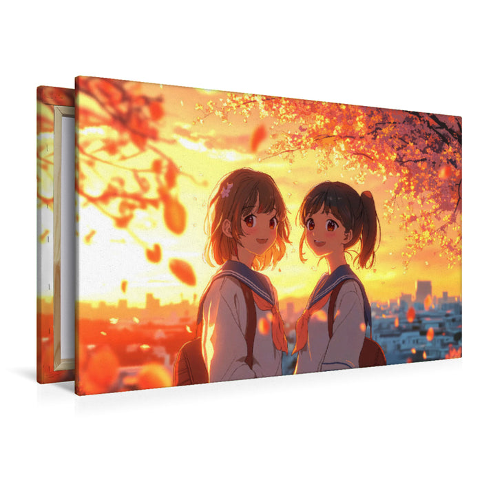 Premium Textil-Leinwand Shoujo Anime im Sonnenuntergang – Freundinnen in Schuluniform unter Kirschblüten