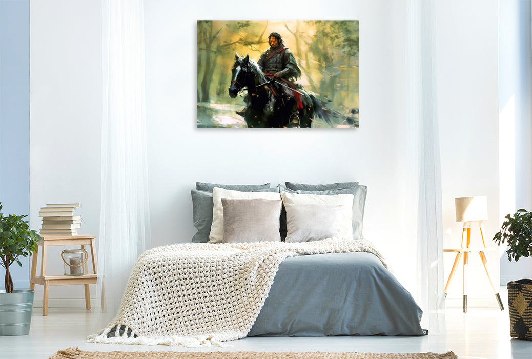 Premium Textil-Leinwand Samurai auf dem Pferd