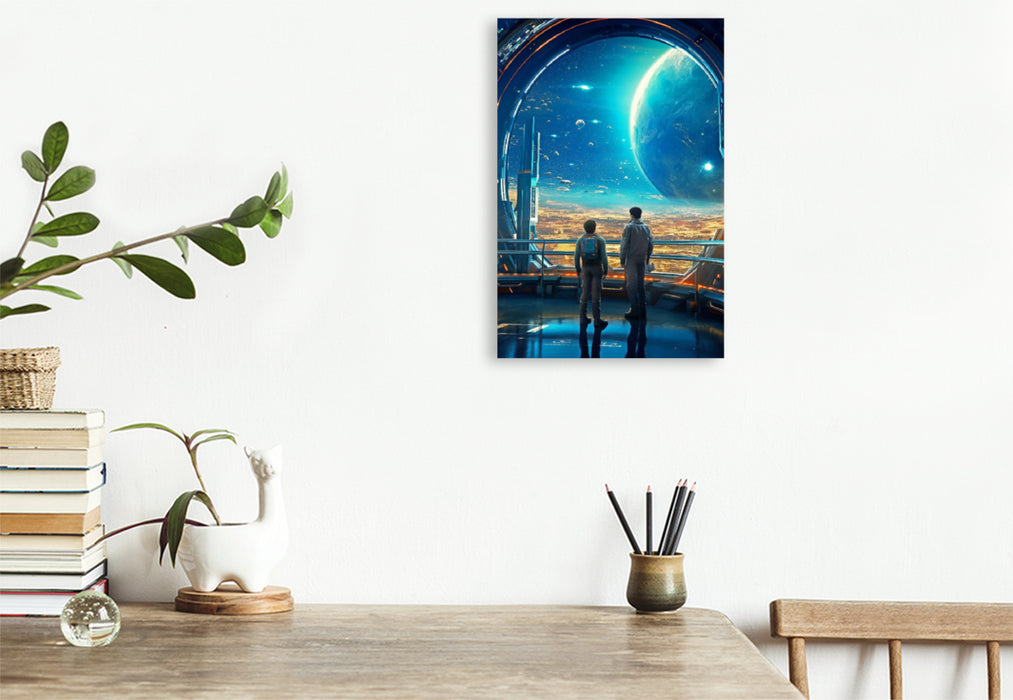 Premium textile canvas father and son on a space station 