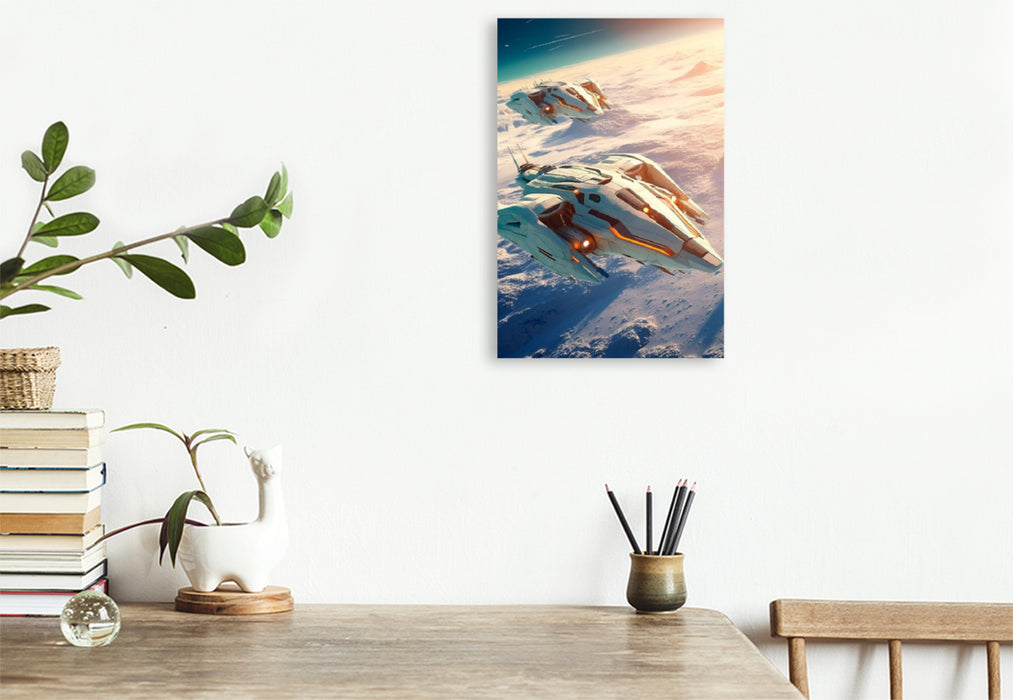Premium textile canvas spaceships above the clouds 