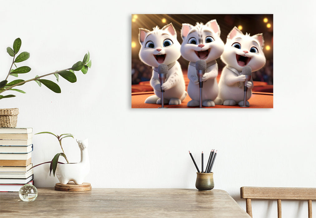 Premium textile canvas cats Mimi, Bella and Molly are the background choir 