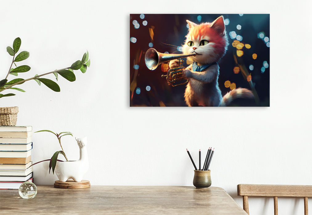 Premium textile canvas cat Max plays the trumpet 