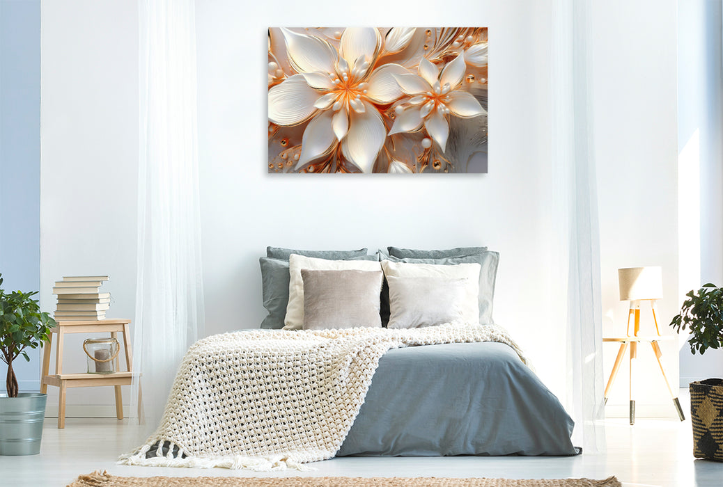 Premium textile canvas star dream - two elegant flowers in orange, white and gold 