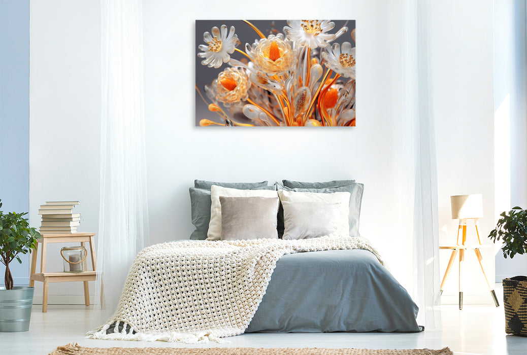 Premium Textil-Leinwand Elegantes Blütengesteck wie aus Glas in orange und gold