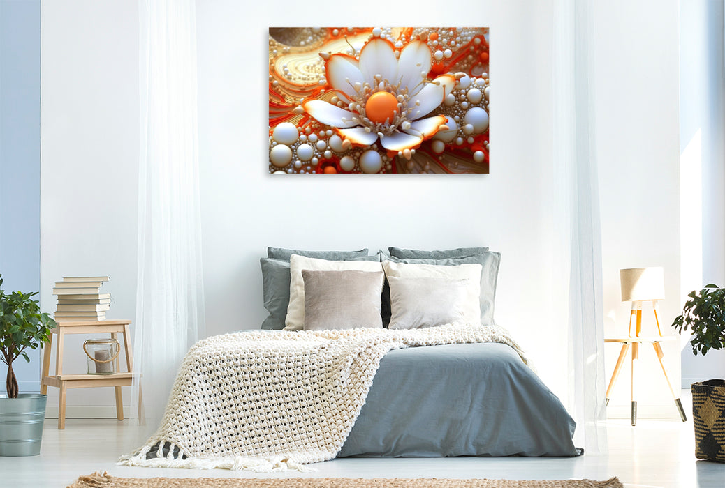 Premium Textil-Leinwand Perlen und Blüten in orange und weiß