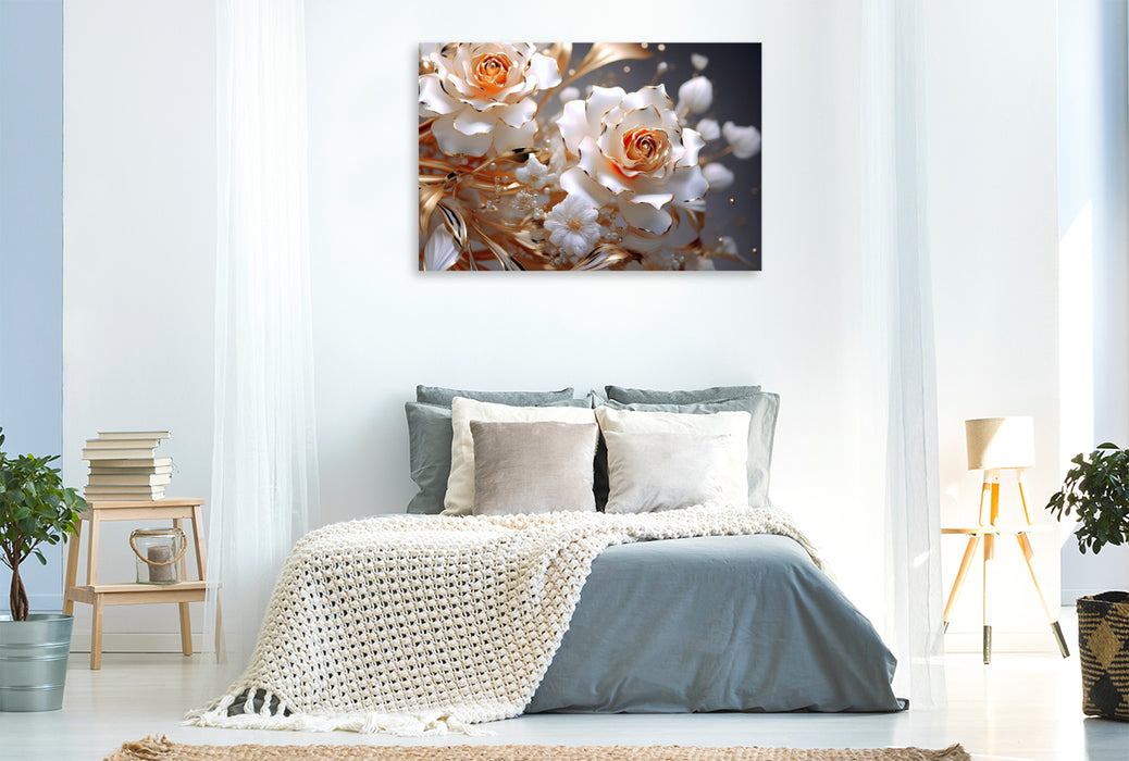 Premium textile canvas Elegant roses in white and gold 