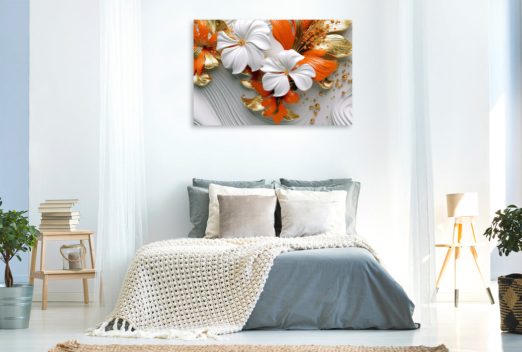 Premium Textil-Leinwand Elegante Wellen - edle Blüten in orange, gold und weiß