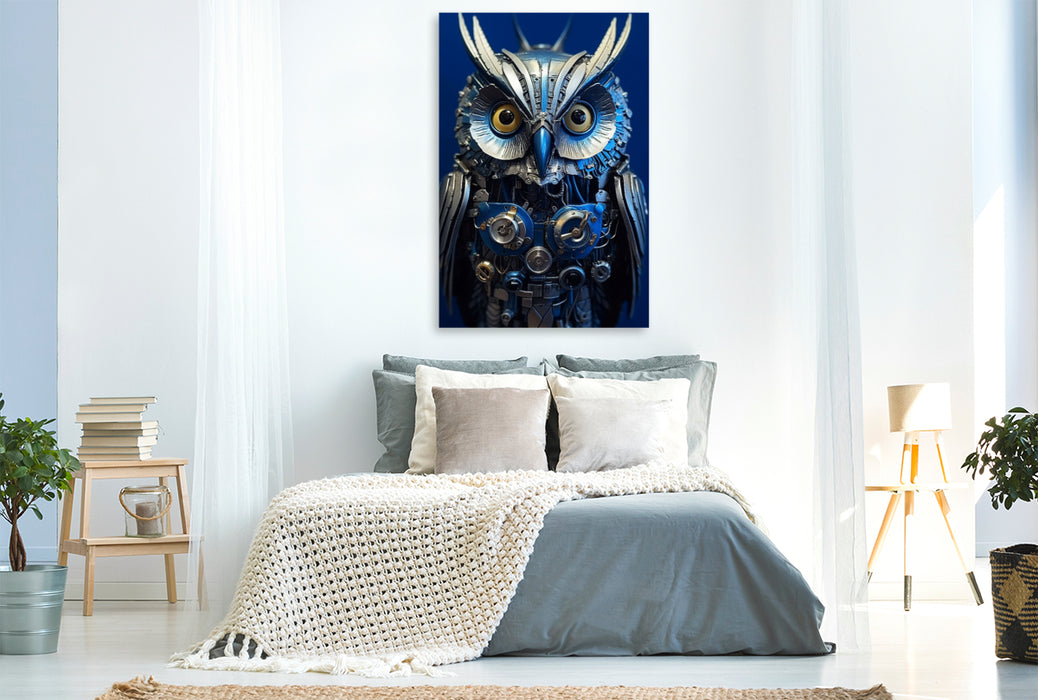 Premium textile canvas owl - cyborg animal in connection with steampunk 