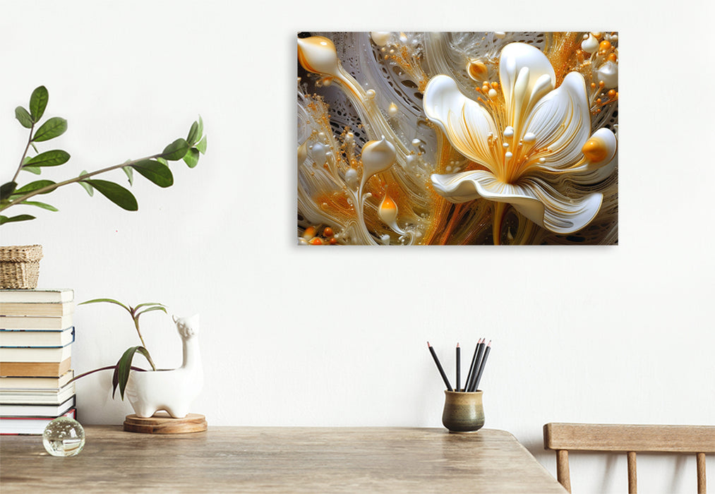 Premium textile canvas. Delicate braid - elegant flowers in orange and gold 