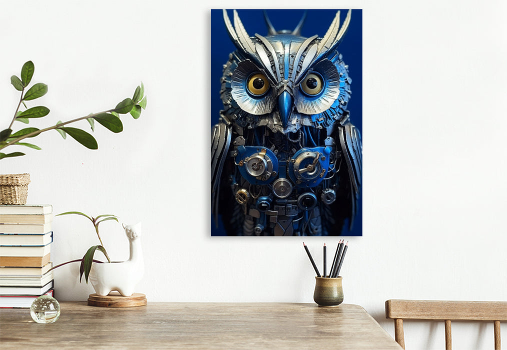 Premium textile canvas owl - cyborg animal in connection with steampunk 