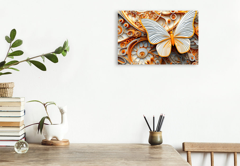 Premium textile canvas orange white butterfly in relief 