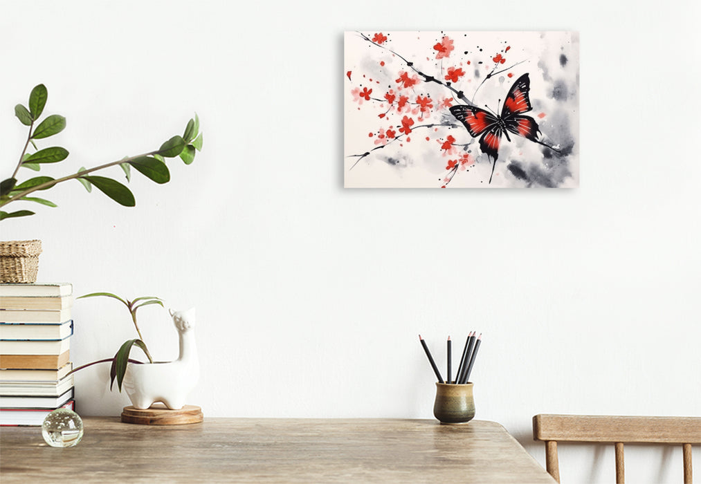 Premium Textile Canvas Japanese Ink Painting - Butterfly on Spring Blossoms 