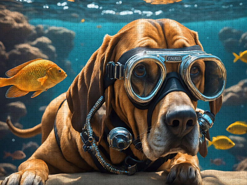 Bluthund Pluto mit Schwimmbrille beim Tauchen - CALVENDO Foto-Puzzle'