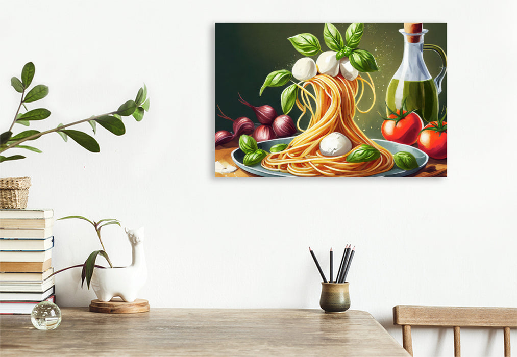 Premium Textil-Leinwand Spaghetti Turm mit Mozzarella Tomaten und Basilikum