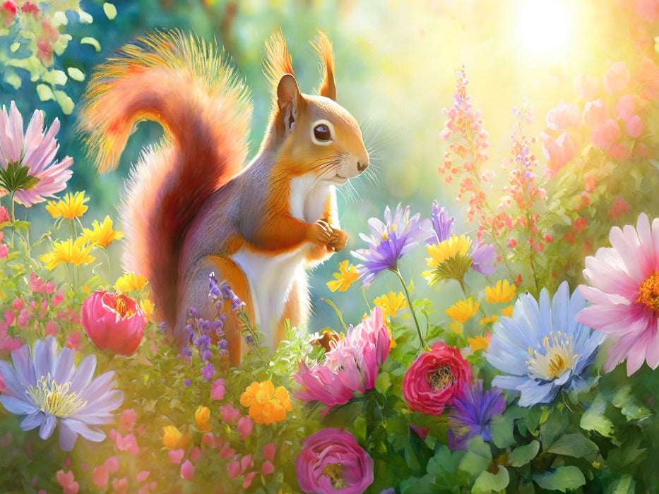 Lebensfreude in einem Meer von Blumen: Das muntere Eichhörnchen im Garten - CALVENDO Foto-Puzzle'