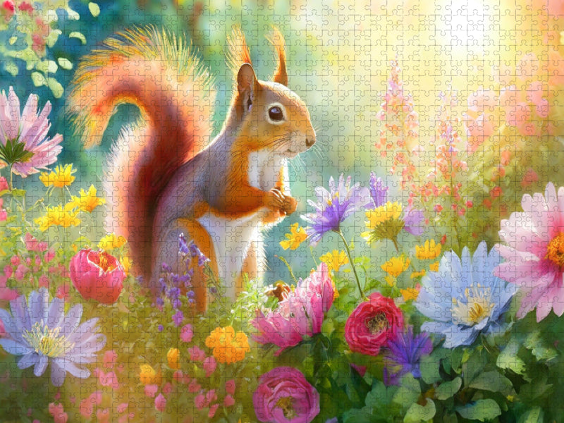 Lebensfreude in einem Meer von Blumen: Das muntere Eichhörnchen im Garten - CALVENDO Foto-Puzzle'