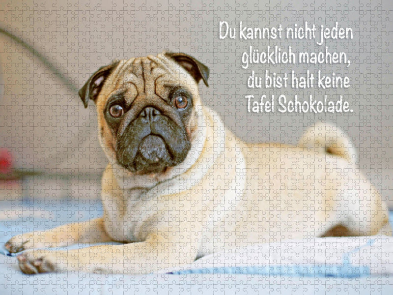 Mops Welpe liegt völlig relaxed auf dem Bett - CALVENDO Foto-Puzzle'