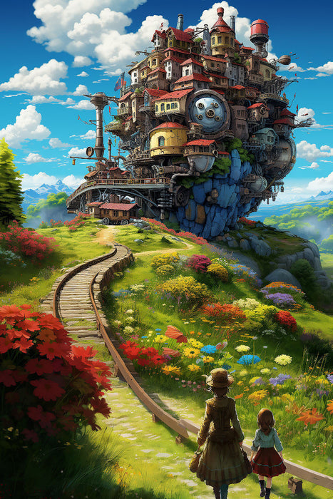 Premium Textil-Leinwand Eisenbahnschloss im Anime Manga Style