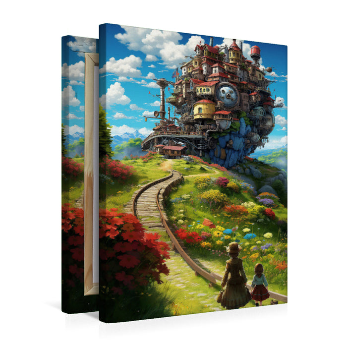 Premium Textil-Leinwand Eisenbahnschloss im Anime Manga Style
