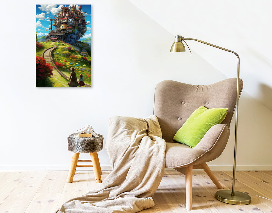 Premium Textil-Leinwand Eisenbahnschloss im Anime Manga Style