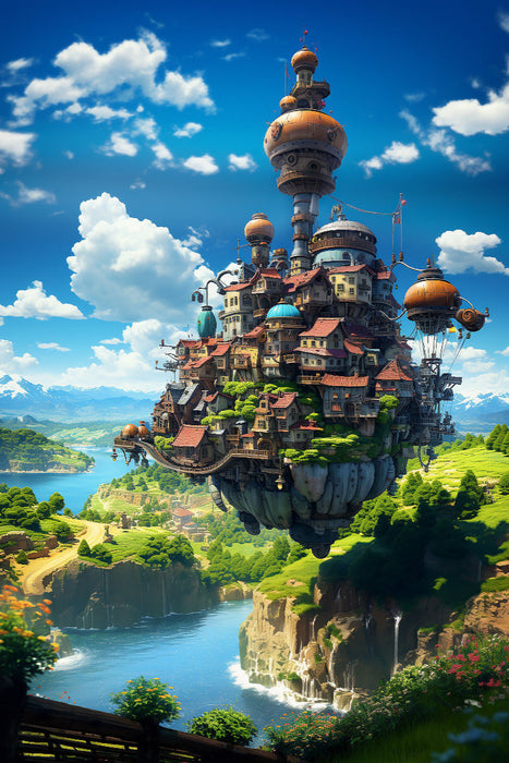 Premium Textil-Leinwand Fliegende Insel im Anime Manga Style