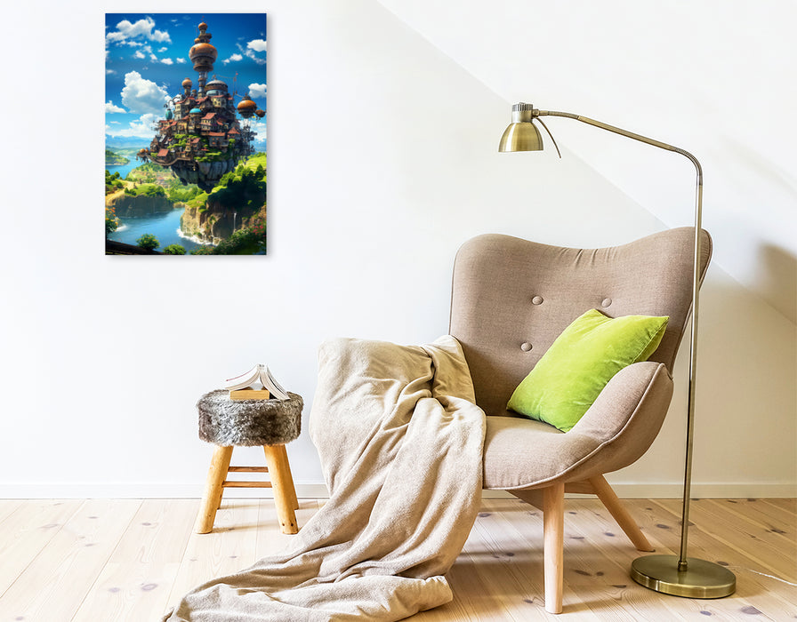 Premium Textil-Leinwand Fliegende Insel im Anime Manga Style