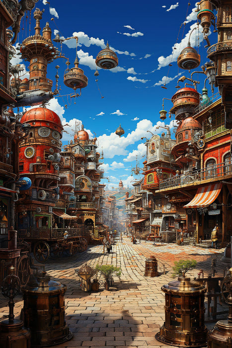 Premium Textil-Leinwand Steampunk Straße - Anime Manga Landschaft