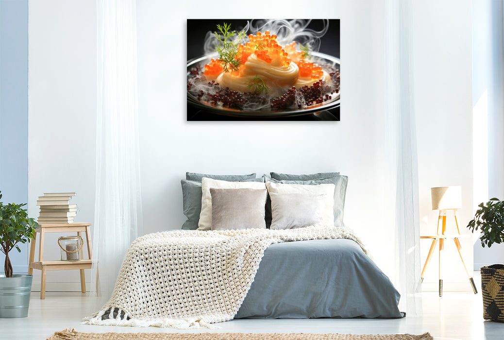 Premium Textil-Leinwand Molekulare Küche, Orangen - Kaviar auf Orangenquarkcremen garniert mit Schwarze Johannisbeere - Kaviar