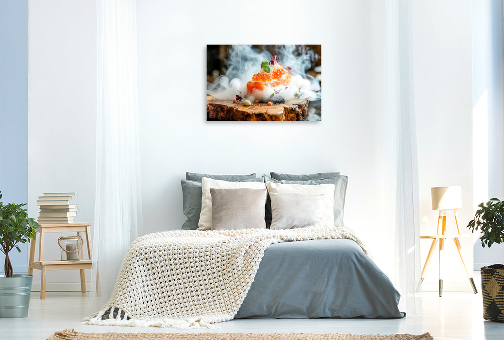 Premium Textil-Leinwand Molekulare Küche, Lachsfilet mit Grapefruit - Kaviar in einem Bett aus Salzluftschaum