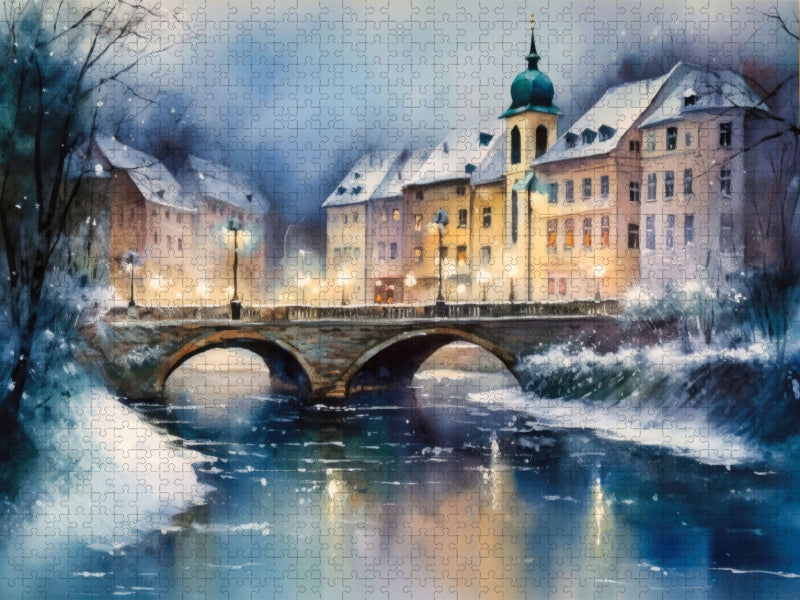 Beleuchtete Brücke im Winter - CALVENDO Foto-Puzzle'