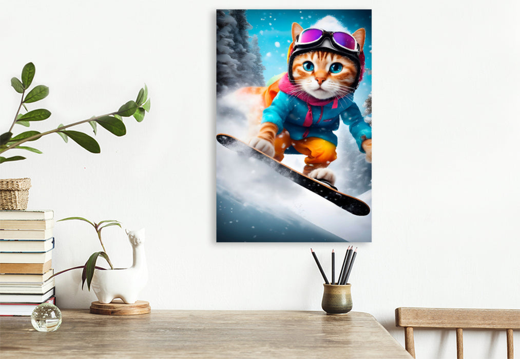 Premium Textil-Leinwand Katze beim Outdoorsport - Snowboard fahren