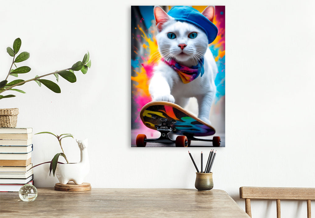 Premium Textil-Leinwand Katze beim Outdoorsport - Skateboard fahren