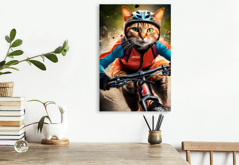 Premium Textil-Leinwand Katze beim Outdoorsport – Mountainbiken