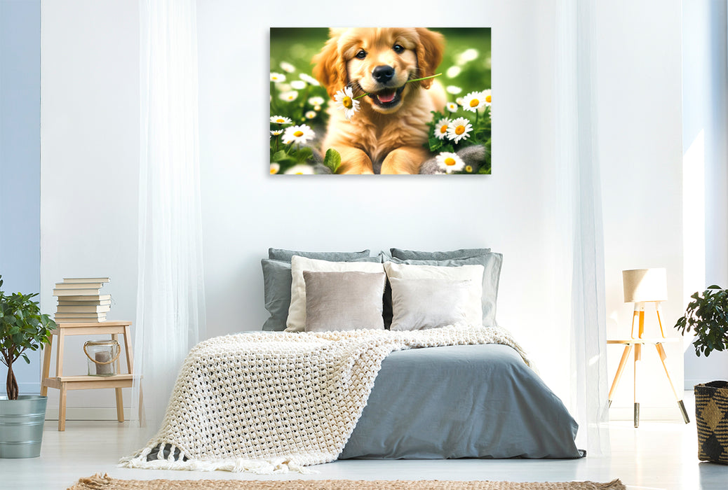 Premium Textil-Leinwand Ein Golden Retriever-Welpe umringt von Gänseblümchen