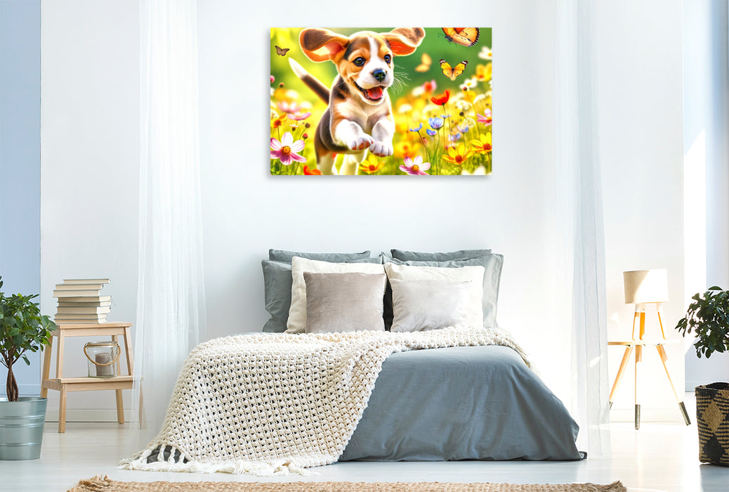 Premium Textil-Leinwand Ein Beagle-Welpe entdeckt die Freuden des Frühlings