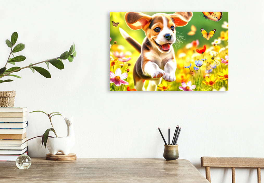 Premium Textil-Leinwand Ein Beagle-Welpe entdeckt die Freuden des Frühlings