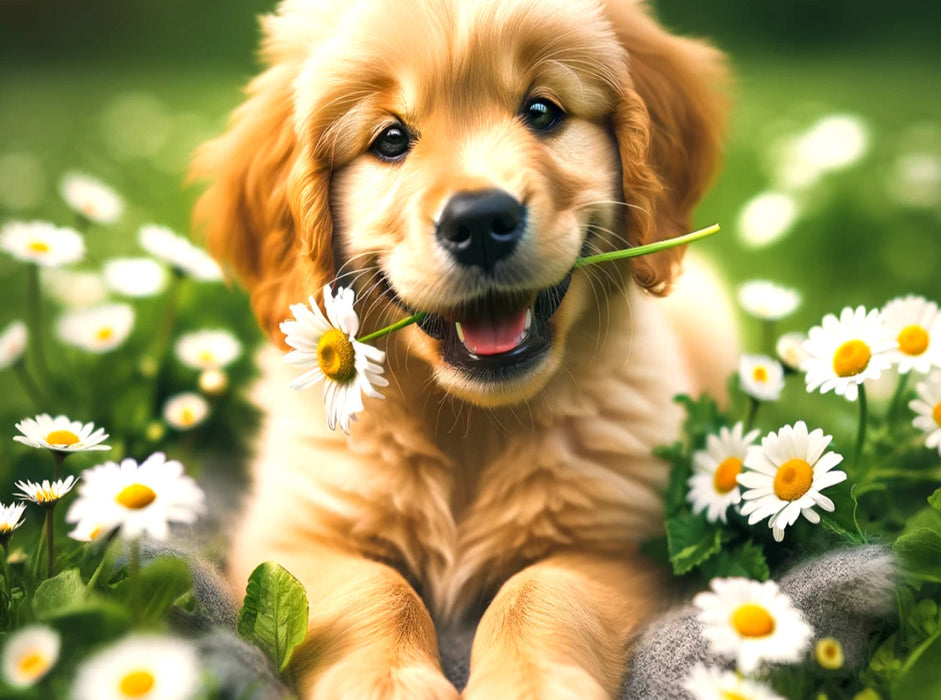 Ein Golden Retriever-Welpe umringt von Gänseblümchen - CALVENDO Foto-Puzzle'