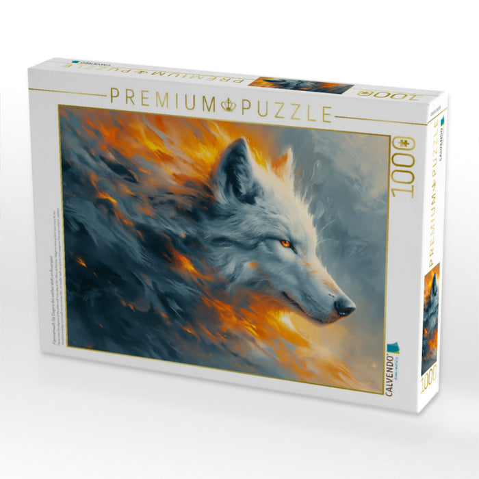 Flame White : L'élégance du loup blanc dans le jeu du feu - Puzzle photo CALVENDO' 