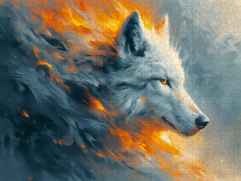 Flammenweiß: Die Eleganz des weißen Wolfs im Feuerspiel - CALVENDO Foto-Puzzle'