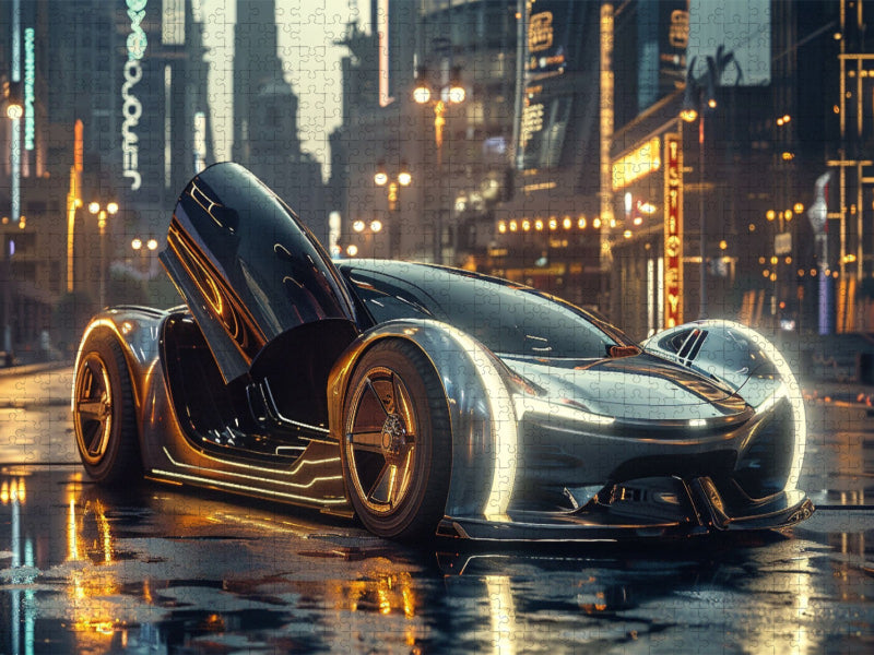Nachts in der Stadt - futuristisches Auto mit Flügeltüren - CALVENDO Foto-Puzzle'