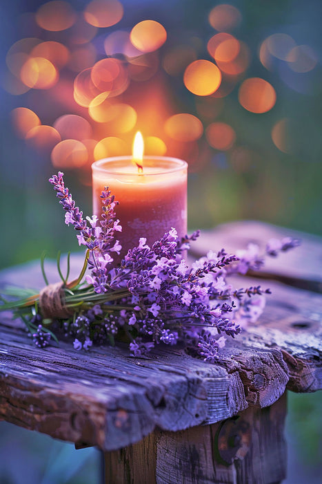 Premium Textil-Leinwand Lavendel bei Kerzenschein