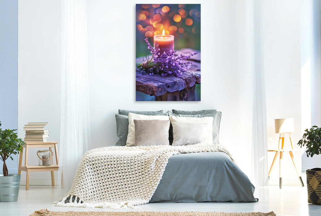 Premium Textil-Leinwand Lavendel bei Kerzenschein