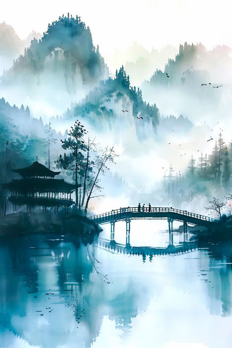 Premium Textil-Leinwand Chinesische Landschaft bei Morgennebel am Fluss. Brücke Aquarellmalerei.