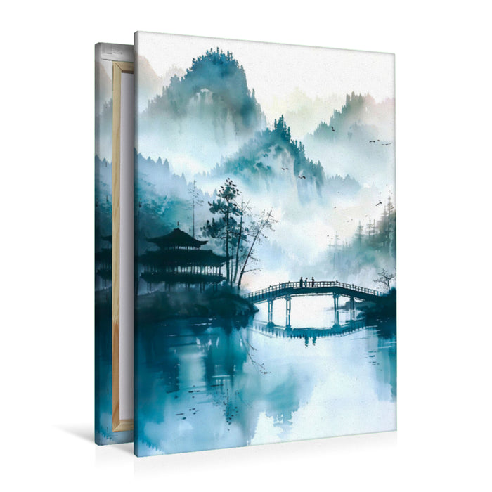 Premium Textil-Leinwand Chinesische Landschaft bei Morgennebel am Fluss. Brücke Aquarellmalerei.