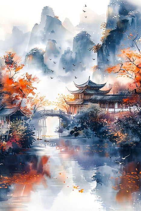Premium Textil-Leinwand Herbst in China. Tempel in den Bergen am Fluss. Aquarellmalerei
